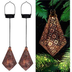 2 Pack Solar Hanging Lights, Solar Powered Retro Lantern with Handle, Warm White